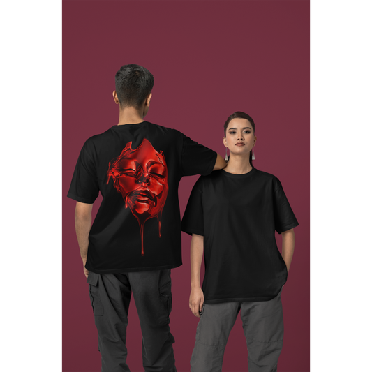 Two models wearing black unisex t-shirts showing front and back views, dark luxury streetwear tee featuring clean minimalist front and bold red liquid face back graphic with high-gloss dripping artwork