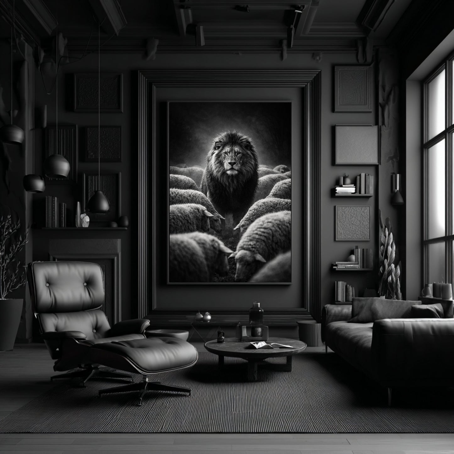 Large monochrome lion among sheep wall art in dark modern studio interior used as bold motivational leadership statement decor