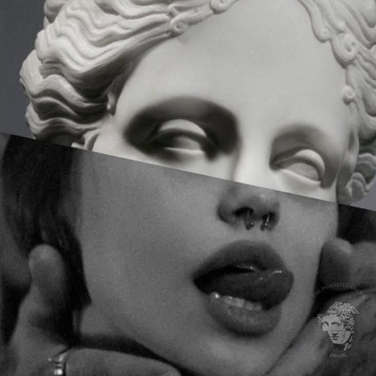 Close-up detail of surreal classical sculpture collage wall art, marble statue head layered with black and white female portrait