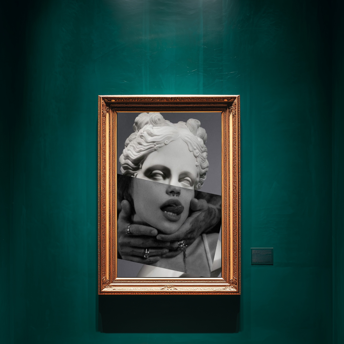 Surreal classical portrait wall art displayed in emerald green luxury gallery room, modern statue collage artwork black and white female portrait statement decor