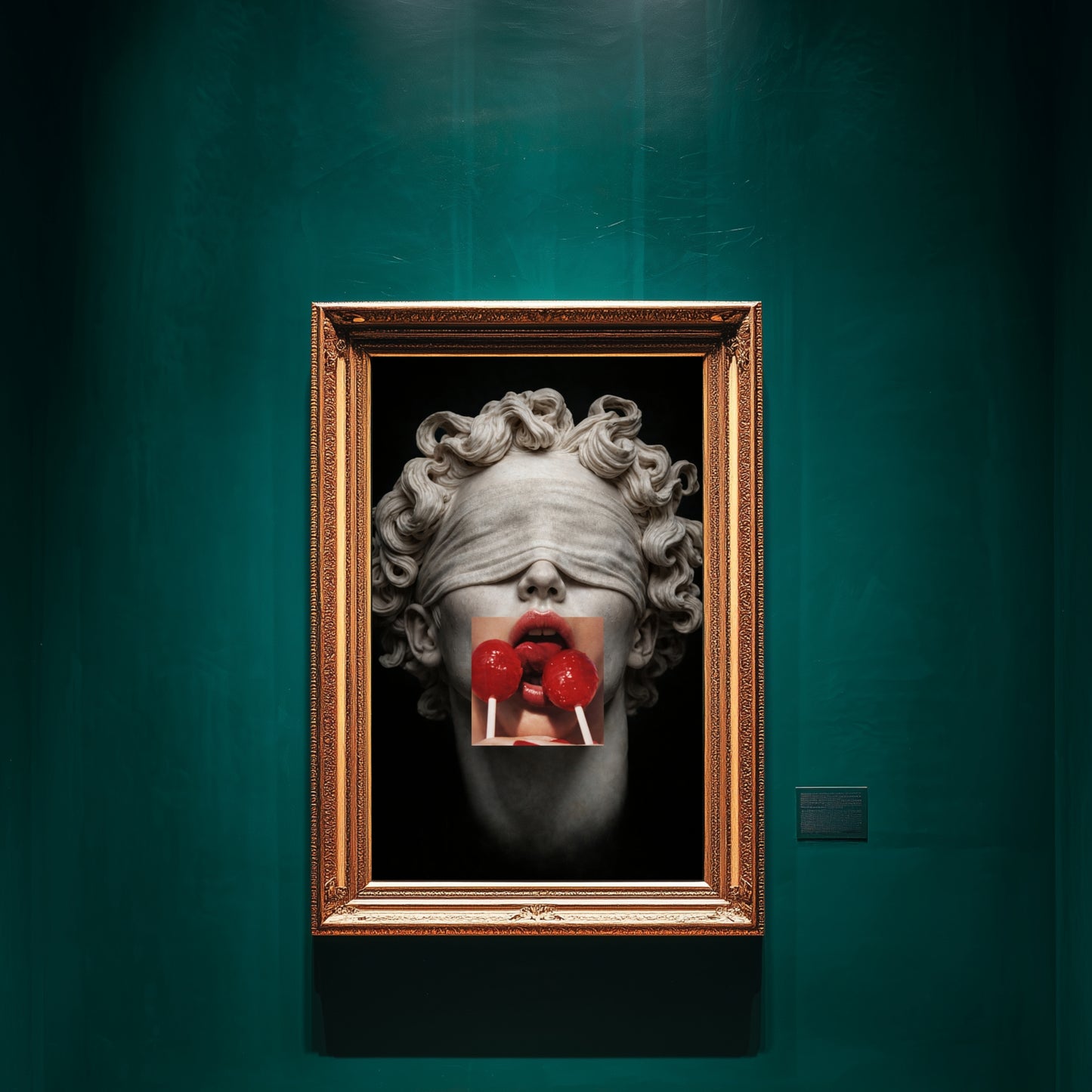 Surreal classical statue wall art with red lollipops in ornate gold frame on emerald gallery wall, modern statement art print