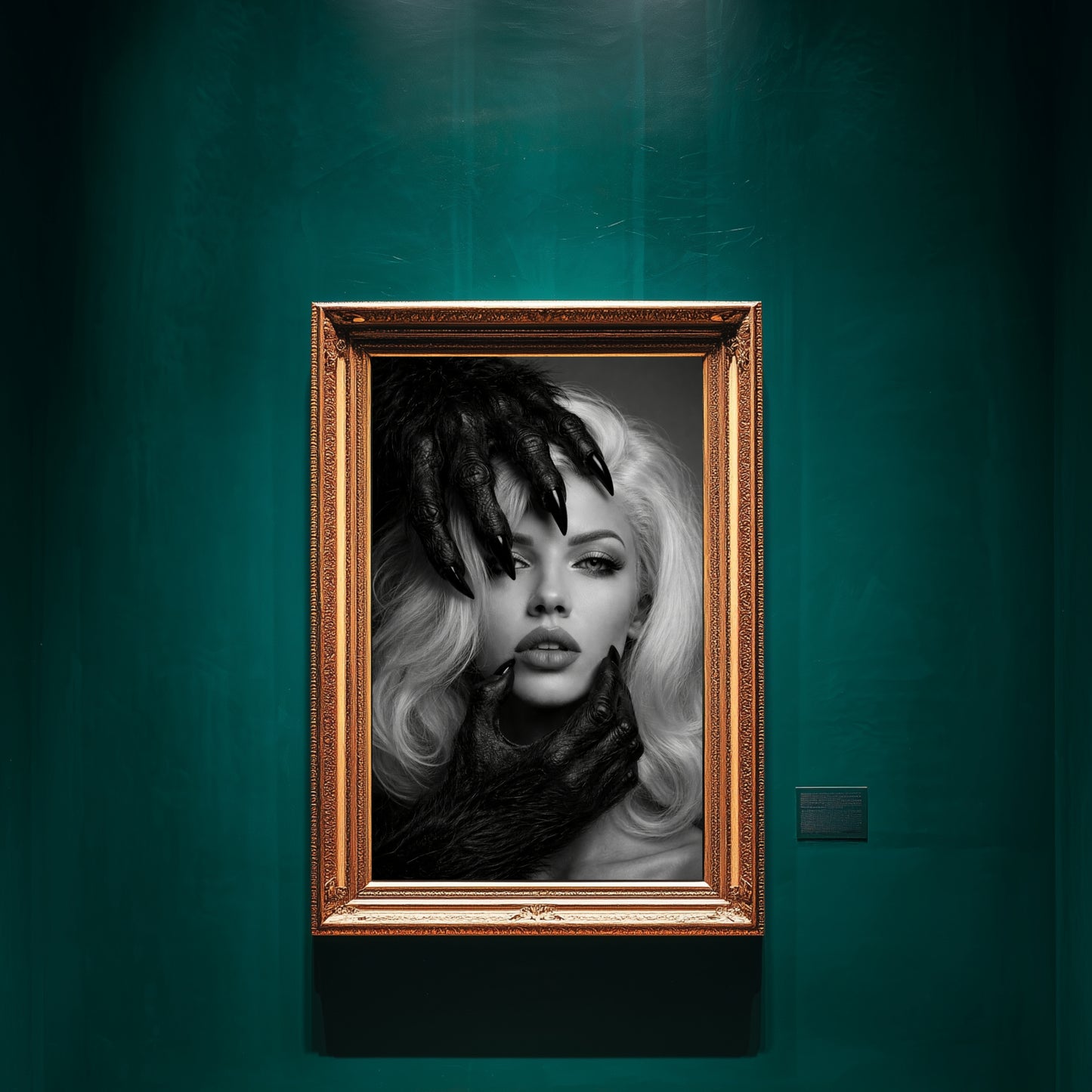 Black and white surreal woman portrait wall art in ornate gold frame on emerald green gallery wall, contemporary monochrome statement artwork for luxury interiors