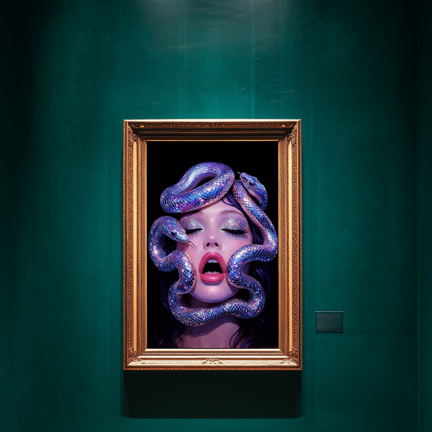 Modern serpent portrait wall art in ornate frame on deep red wall featuring surreal snake woman artwork with iridescent serpents and glitter makeup