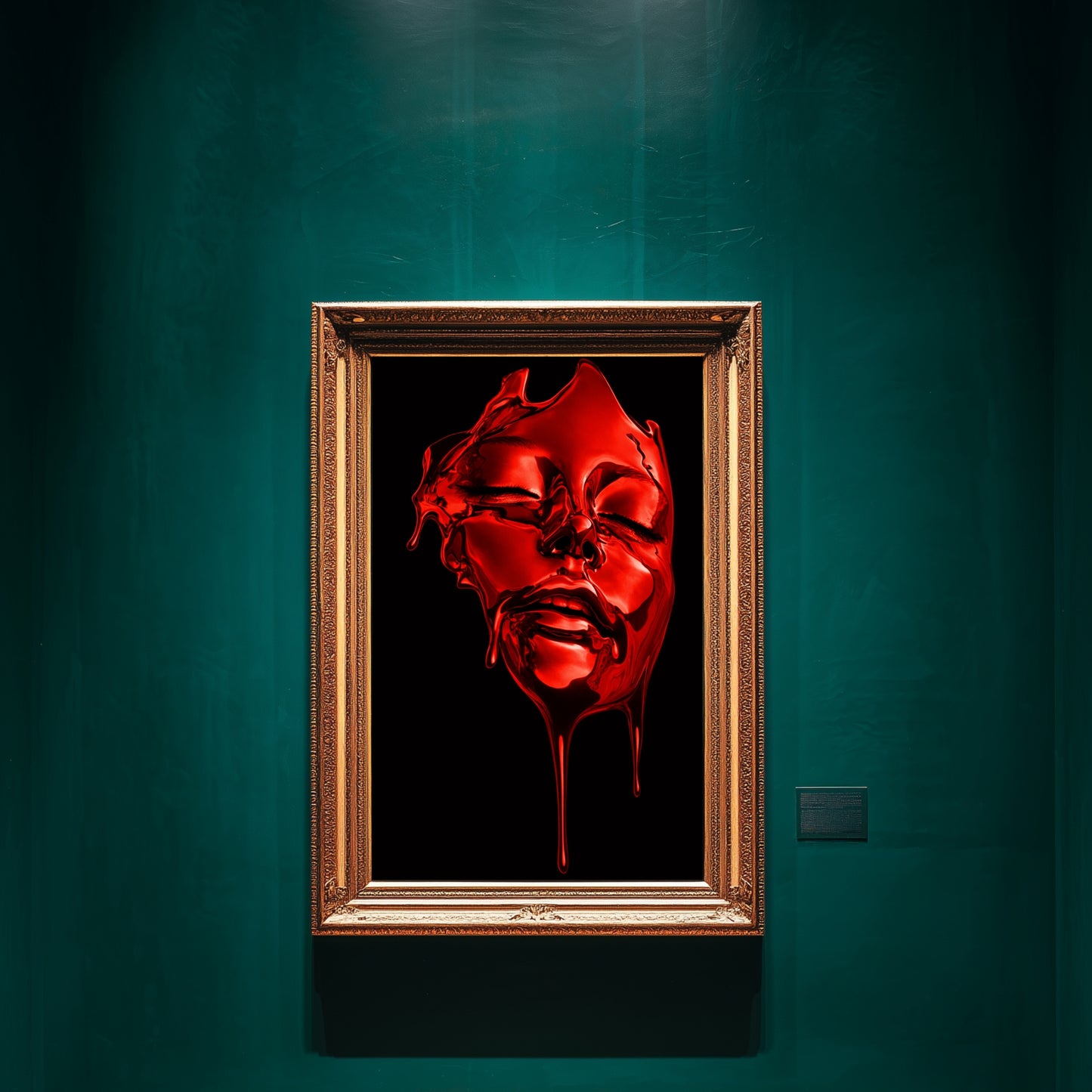 Red surreal face wall art abstract liquid portrait in gold ornate frame displayed on teal gallery wall – modern abstract statement wall decor for luxury interior design