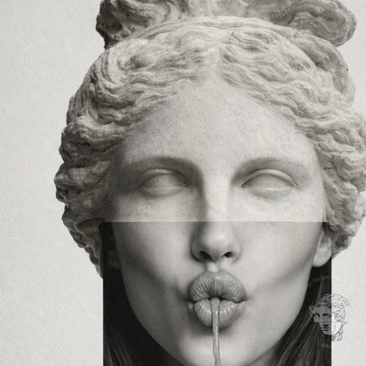 Surreal classical statue wall art styled above black sofa in minimalist living room – contemporary monochrome wall decor