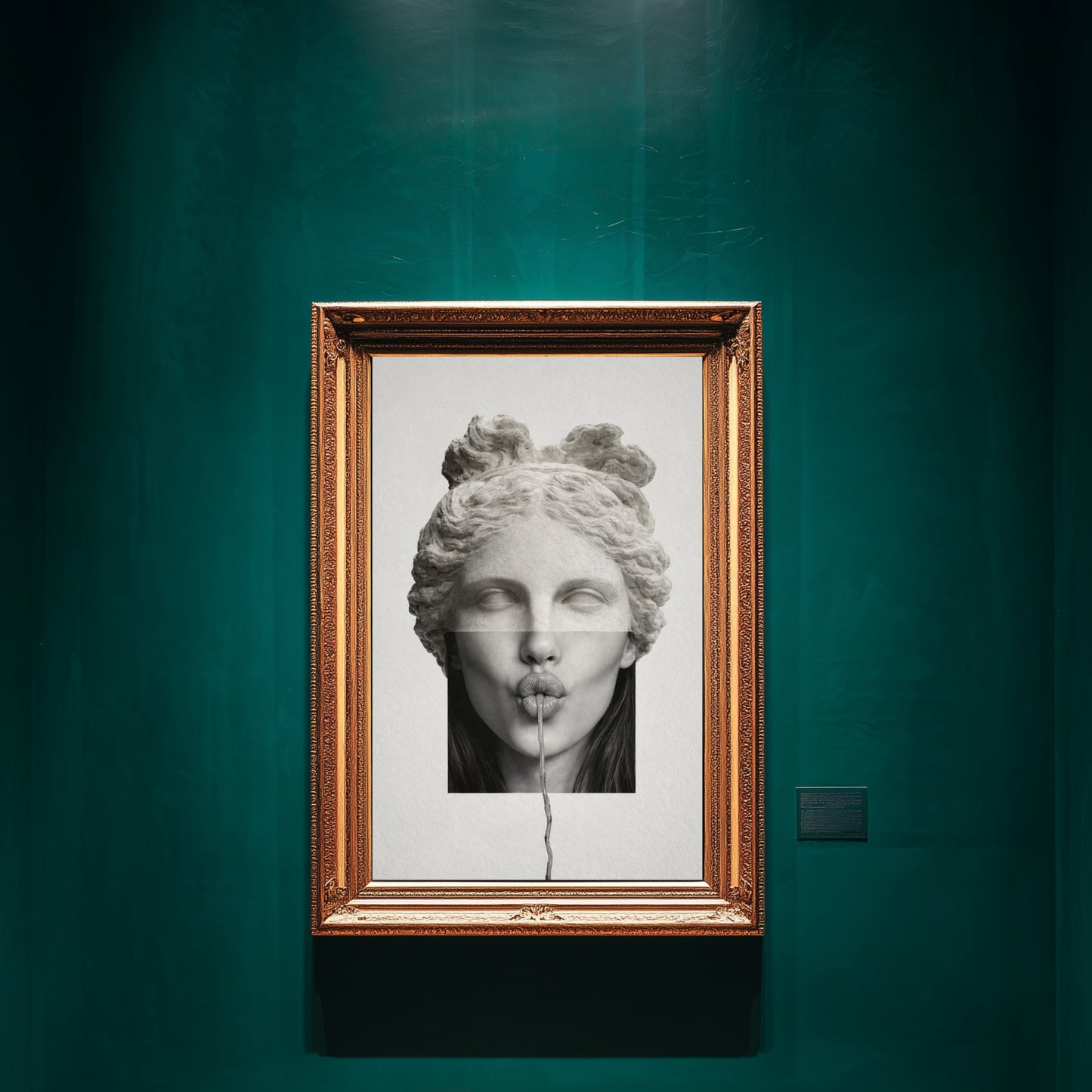 Surreal classical statue wall art displayed in gold ornate frame on deep emerald gallery wall – modern minimalist portrait art print