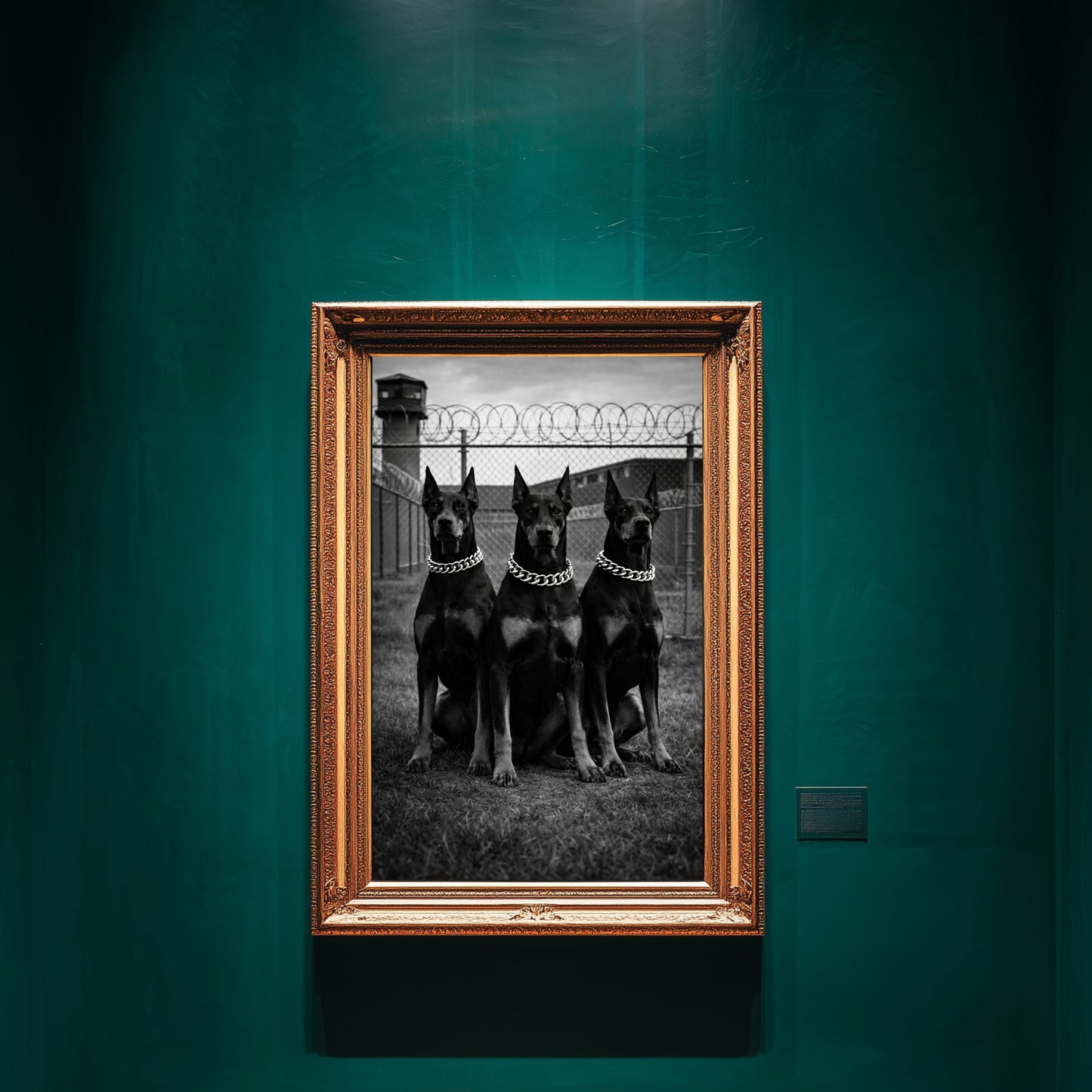Black and white Doberman trio wall art in ornate gold frame on teal gallery wall, modern statement dog print