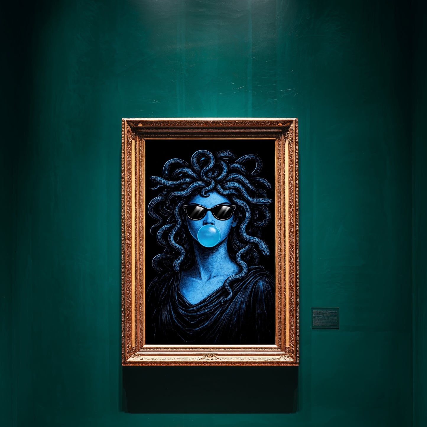 Modern Medusa wall art surreal snake portrait pop art vertical blue statement artwork displayed in emerald green luxury interior bold contemporary wall decor