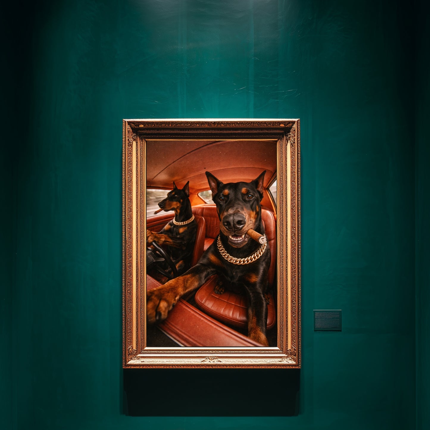 Doberman dogs in car wall art displayed in ornate gold frame on emerald green gallery wall, cinematic dog artwork statement piece for modern interior decor