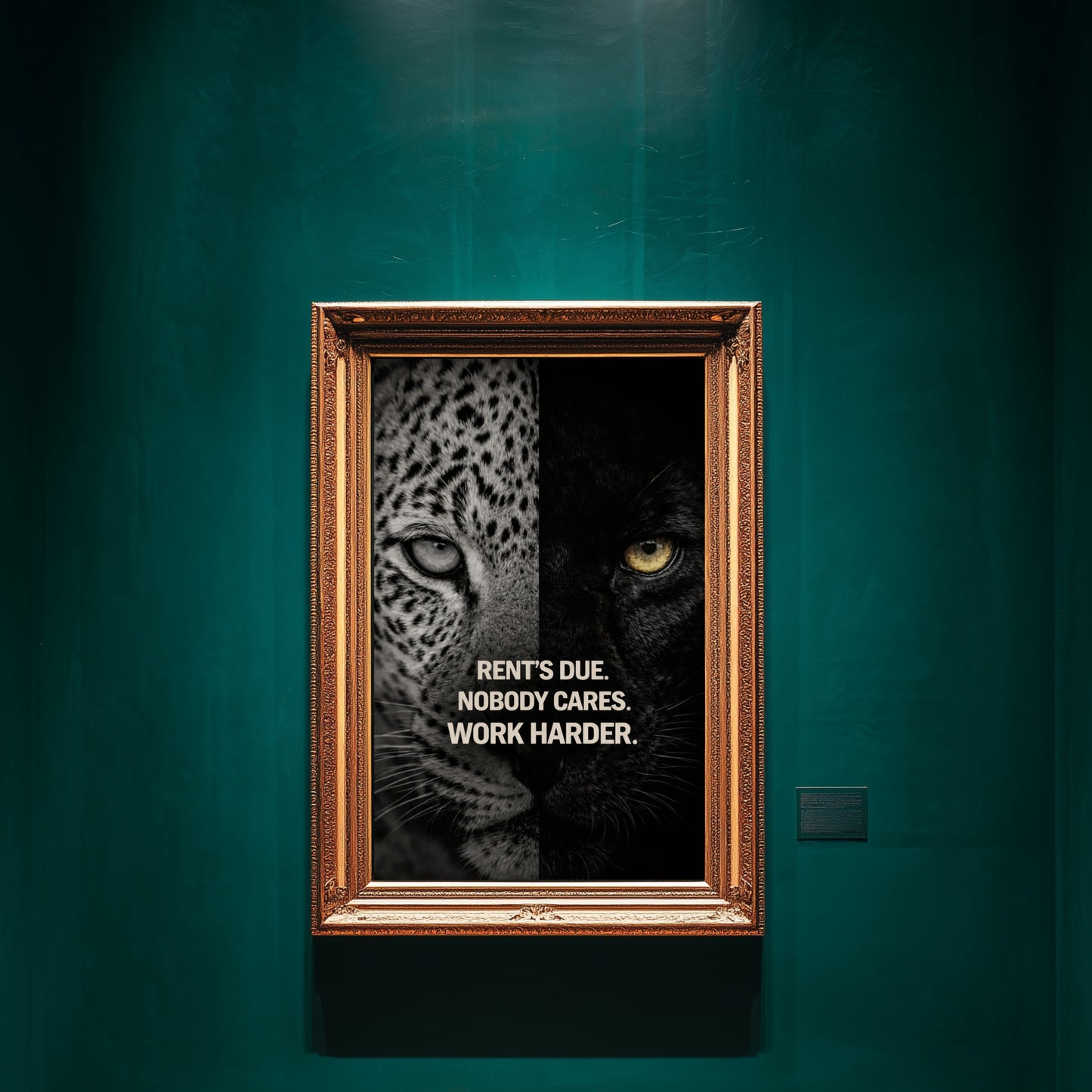 Motivational animal wall art featuring split-face leopard and black panther with “Rent’s Due. Nobody Cares. Work Harder.” quote displayed in ornate gold frame on deep emerald gallery wall.
