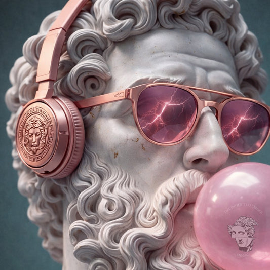 Close-up detail of surreal classical marble statue wall art, modern pop culture sculpture portrait with headphones sunglasses and bubble gum