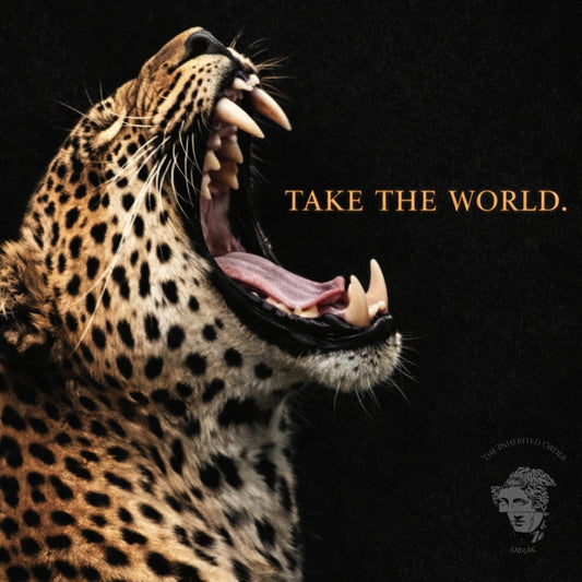 Leopard Take the World wall art above black sofa in modern white living room, motivational wildlife statement artwork decor