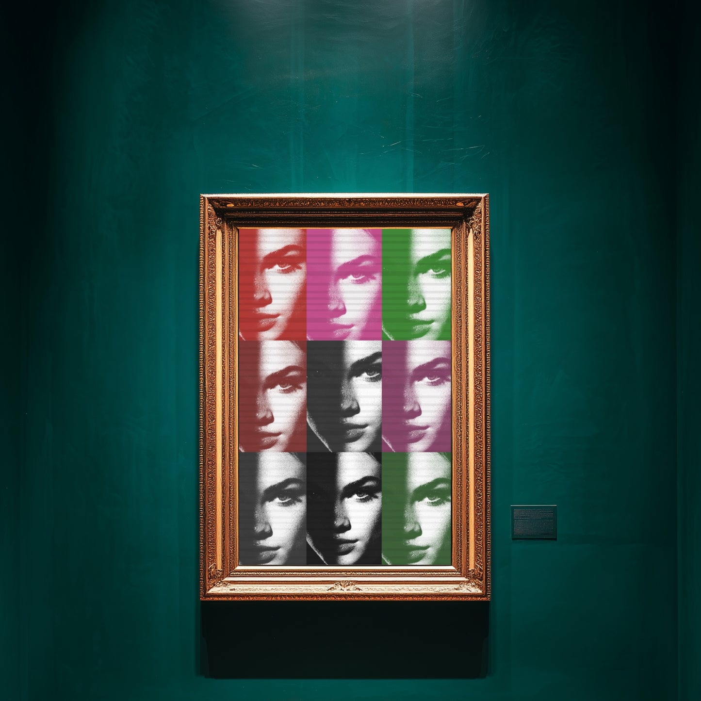 Pop art female portrait wall art displayed on emerald green luxury gallery wall, color block icon inspired grid statement print decor