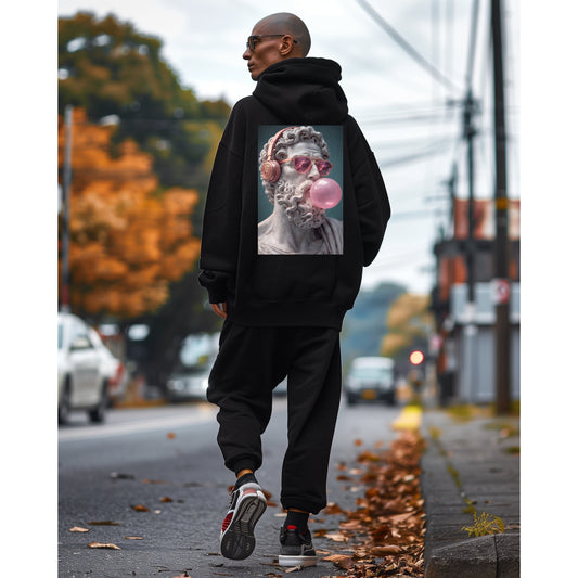 Classical Statue Headphones Bubblegum Back Graphic Hoodie – Dark Luxury Statement Hoodie