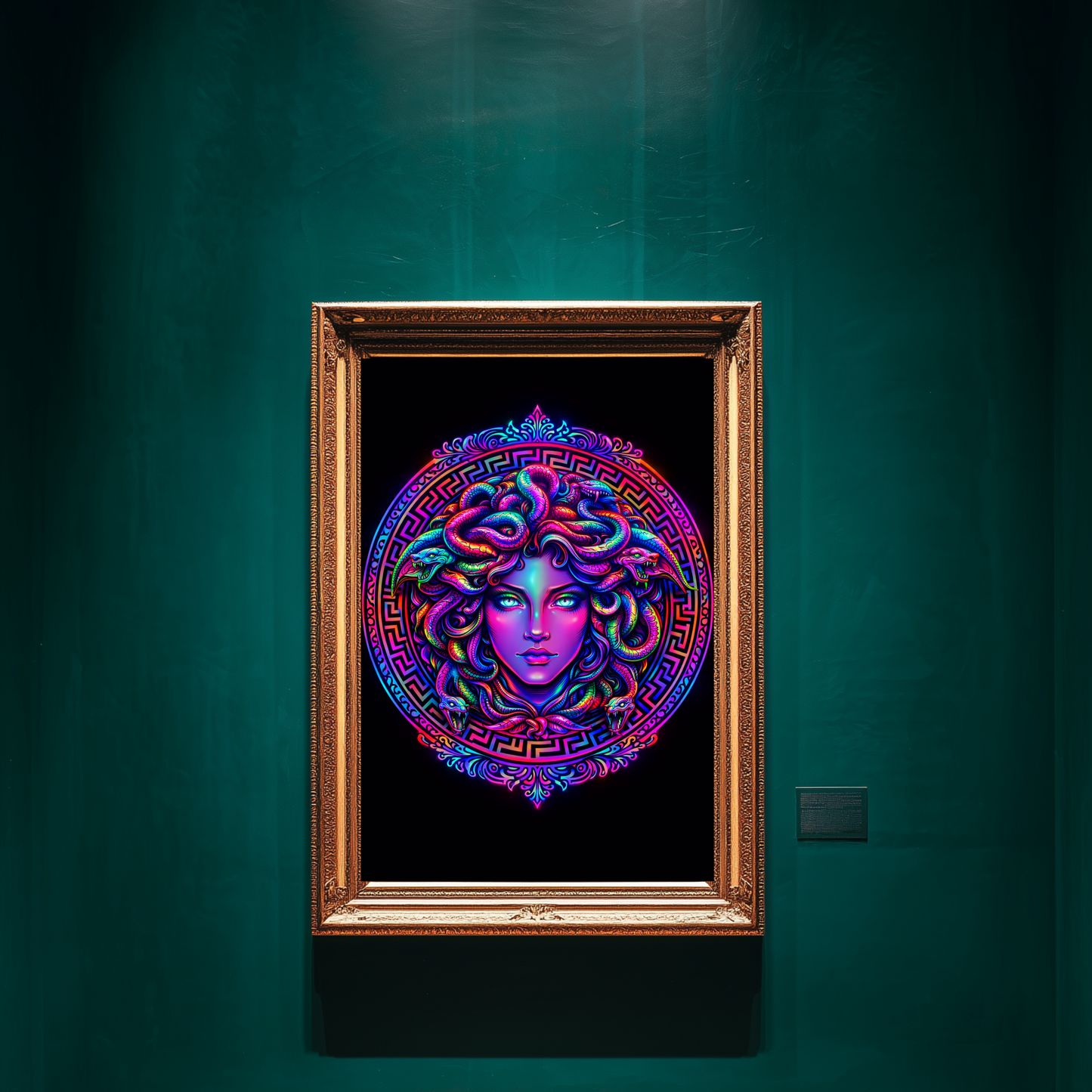 Modern Medusa wall art in ornate gold frame displayed on deep emerald gallery wall with dramatic spotlight lighting