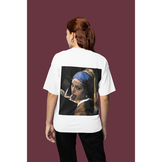 Female model wearing white classical girl with a pearl unfiltered collage back graphic t-shirt, dark luxury surreal statement tee blending fine art history with modern streetwear edge