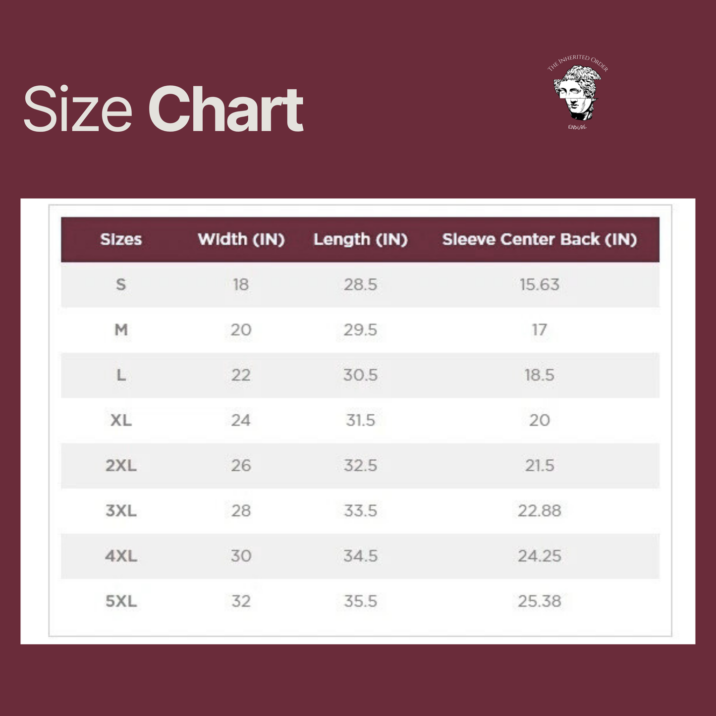 Unisex t-shirt size chart showing chest width, body length, and sleeve length measurements in inches