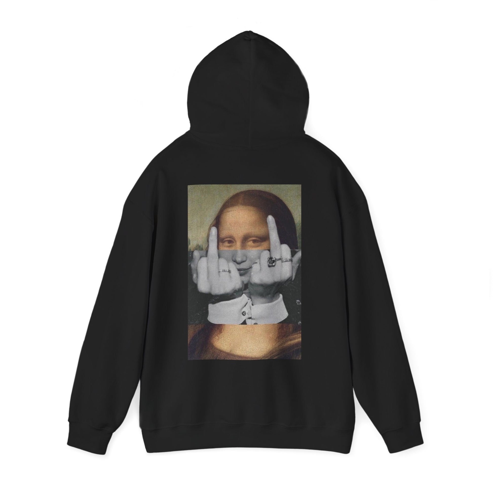 Black Mona Lisa middle finger back graphic hoodie shown with hood up, dark luxury rebellion streetwear hoodie featuring classical art protest graphic, unisex pullover hoodie with clean front and bold back artwork