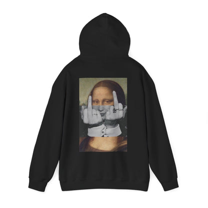 Black Mona Lisa middle finger back graphic hoodie shown with hood up, dark luxury rebellion streetwear hoodie featuring classical art protest graphic, unisex pullover hoodie with clean front and bold back artwork