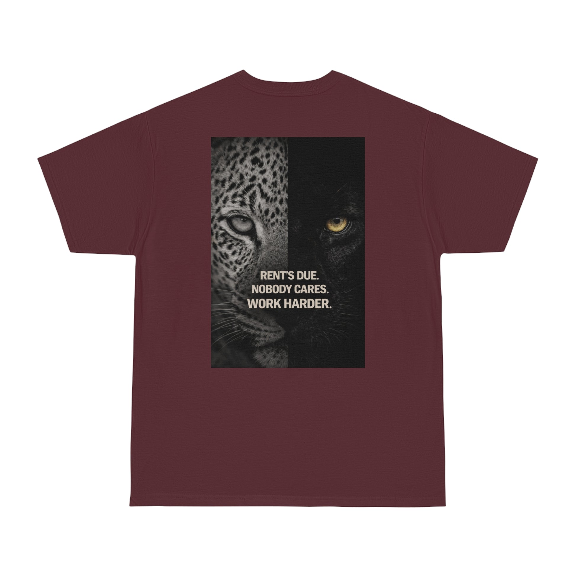 Rent’s Due leopard panther back graphic t-shirt in maroon burgundy, dark luxury motivational streetwear tee featuring split leopard and black panther artwork with discipline quote, unisex statement t-shirt with clean front and bold back design