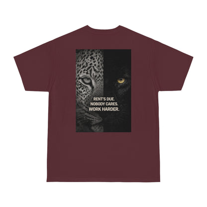 Rent’s Due leopard panther back graphic t-shirt in maroon burgundy, dark luxury motivational streetwear tee featuring split leopard and black panther artwork with discipline quote, unisex statement t-shirt with clean front and bold back design