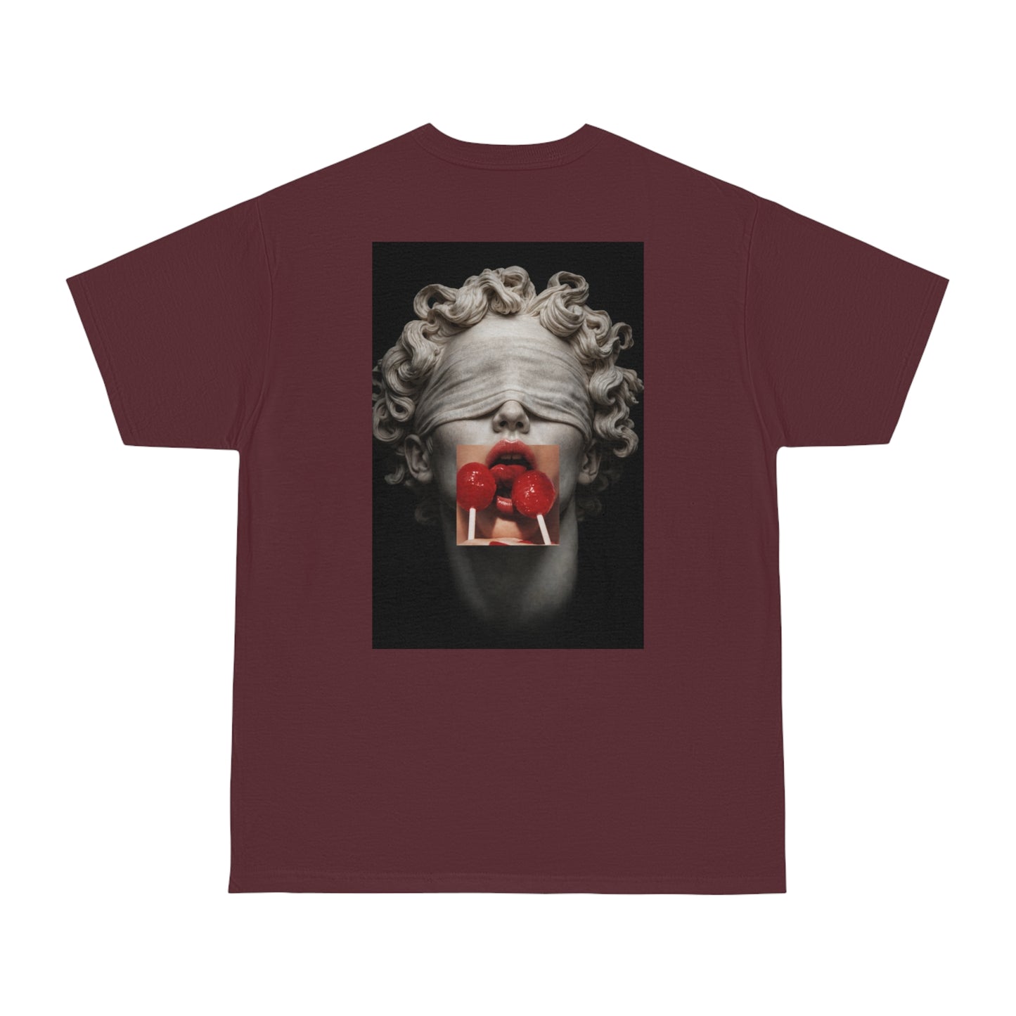 Burgundy maroon t-shirt featuring blindfolded classical statue back artwork with red lollipops, surreal marble sculpture modern streetwear tee
