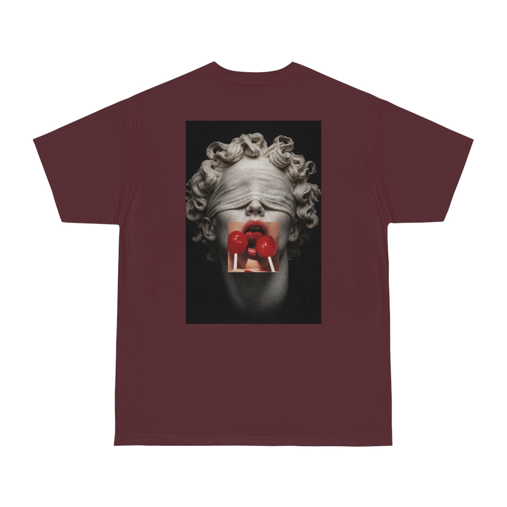 Burgundy maroon t-shirt featuring blindfolded classical statue back artwork with red lollipops, surreal marble sculpture modern streetwear tee