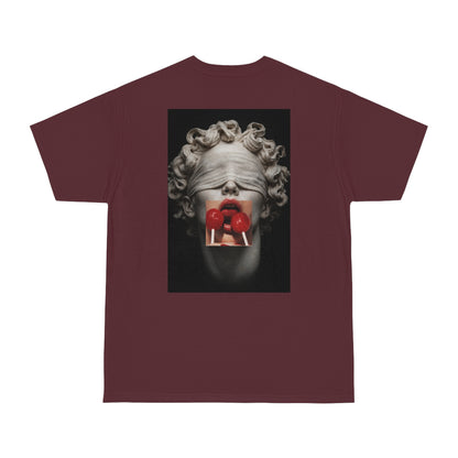 Burgundy maroon t-shirt featuring blindfolded classical statue back artwork with red lollipops, surreal marble sculpture modern streetwear tee