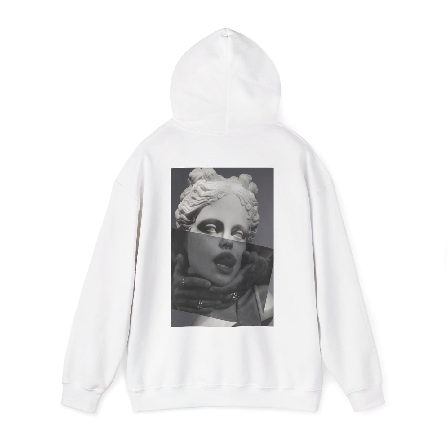 White surreal statue back graphic hoodie with hood up, unisex modern streetwear hoodie featuring surreal classical statue collage back artwork and premium construction