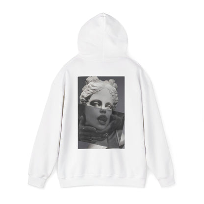 White surreal statue back graphic hoodie with hood up, unisex modern streetwear hoodie featuring surreal classical statue collage back artwork and premium construction