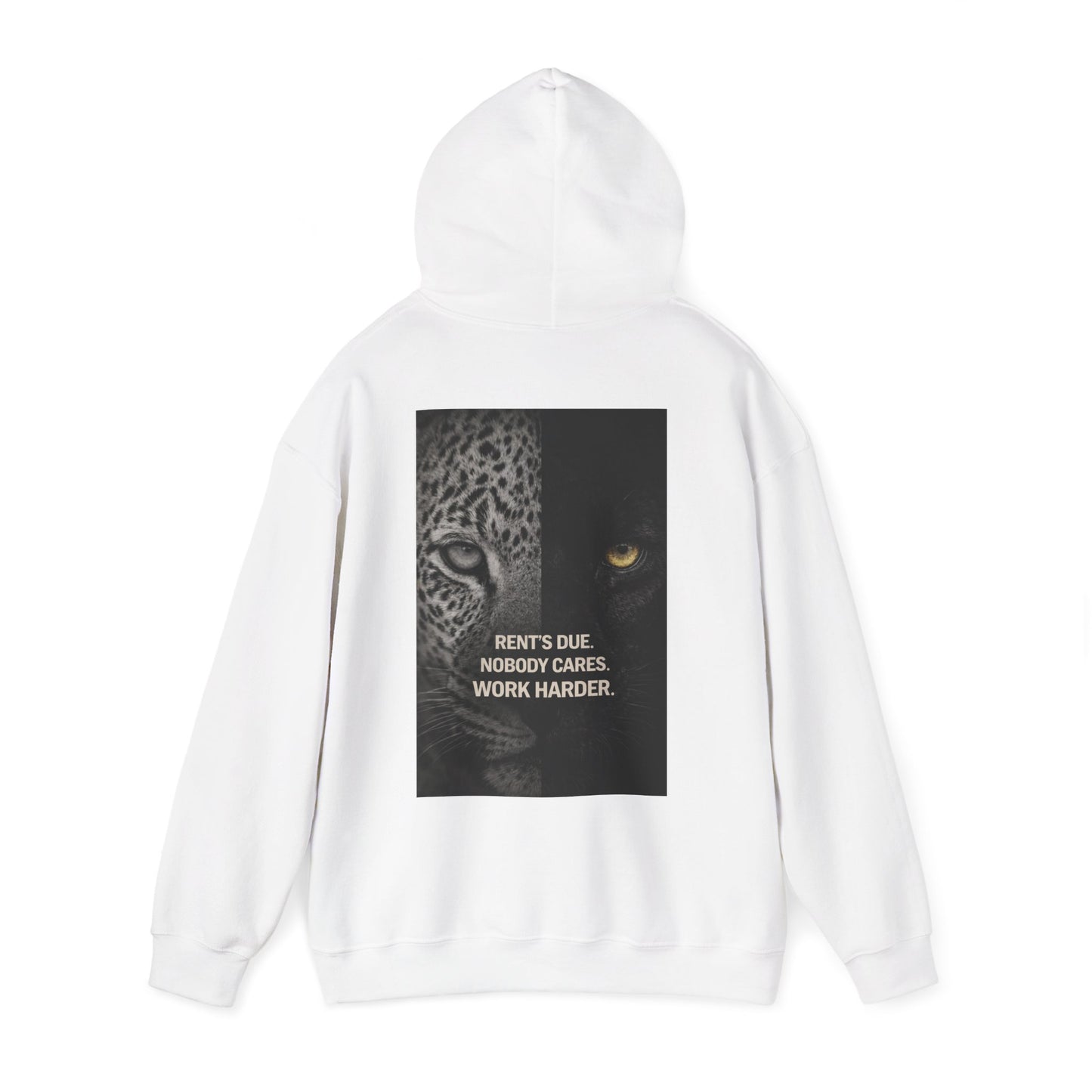 Rent’s Due leopard and panther back graphic hoodie in white, unisex luxury hoodie with split animal artwork and rent’s due nobody cares work harder quote