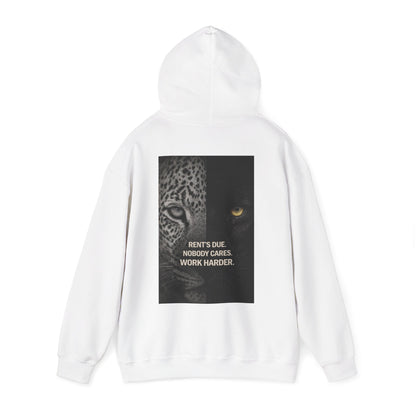 Rent’s Due leopard and panther back graphic hoodie in white, unisex luxury hoodie with split animal artwork and rent’s due nobody cares work harder quote