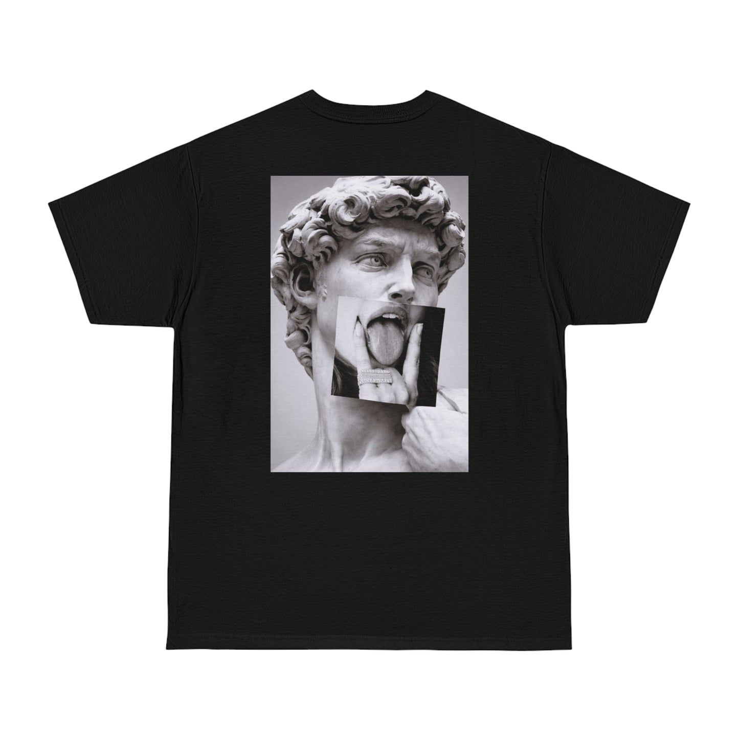 Black graphic t-shirt featuring Michelangelo’s David statue grunge collage back print, gothic art streetwear tee, dark luxury statement fashion shirt