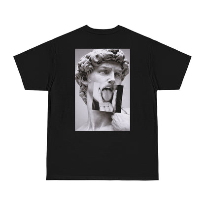 Black graphic t-shirt featuring Michelangelo’s David statue grunge collage back print, gothic art streetwear tee, dark luxury statement fashion shirt