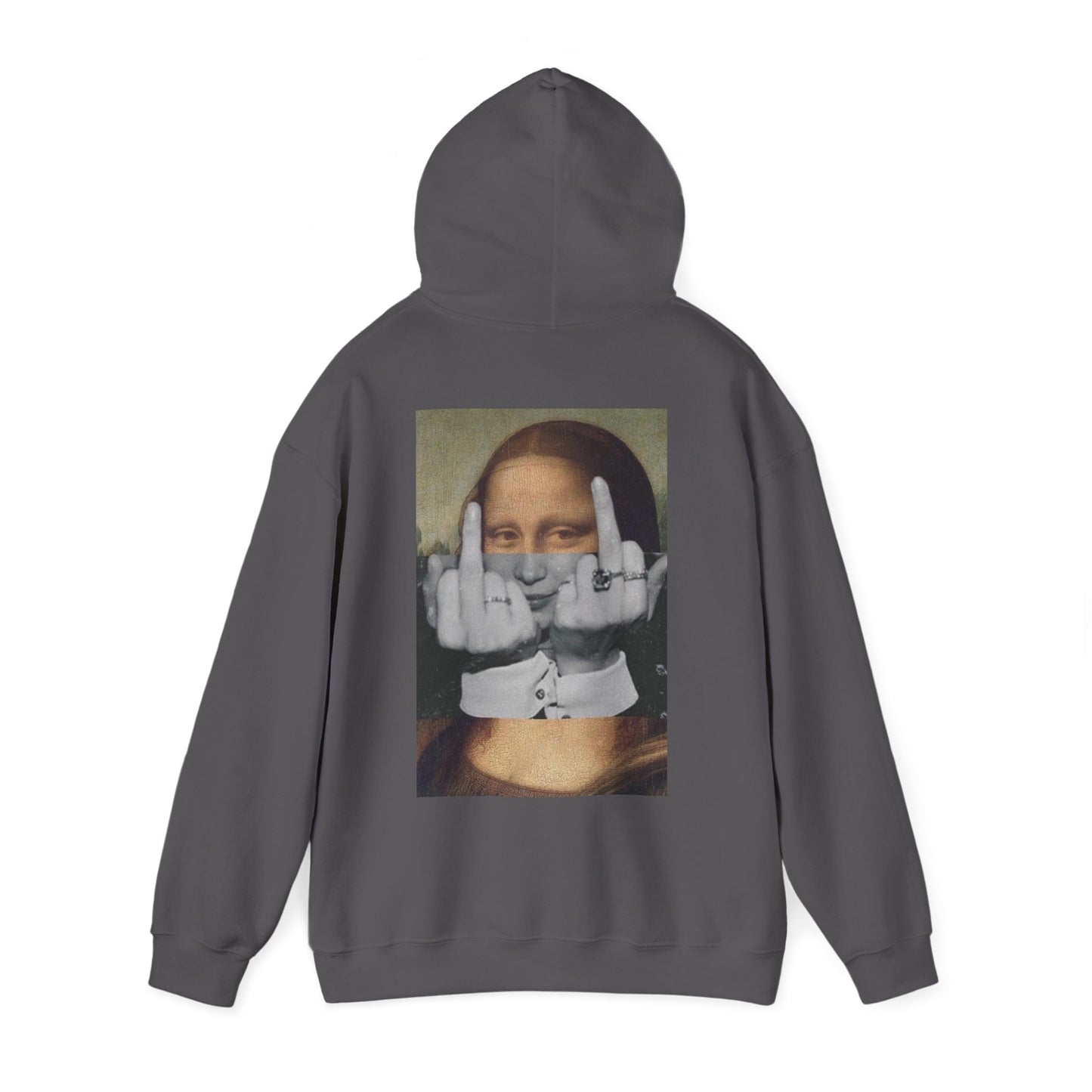Charcoal gray classical Mona Lisa middle finger back graphic hoodie shown with hood up, unisex dark luxury streetwear hoodie featuring classical art protest collage on back with clean minimalist front design