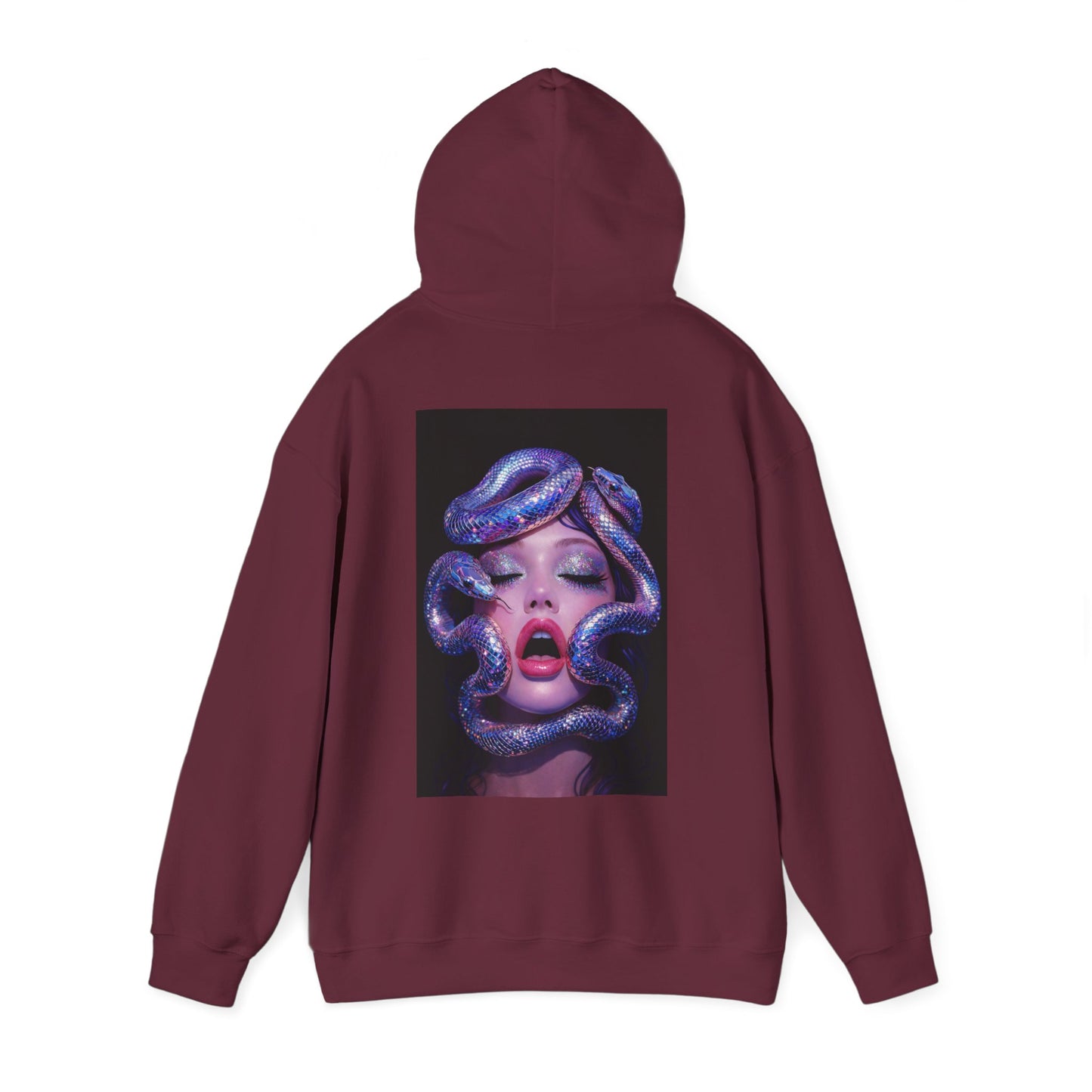 Maroon unisex hoodie featuring surreal Medusa-inspired serpent artwork on the back, bold luxury streetwear statement hoodie