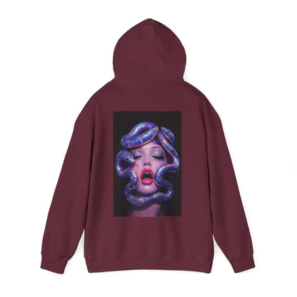 Maroon unisex hoodie featuring surreal Medusa-inspired serpent artwork on the back, bold luxury streetwear statement hoodie