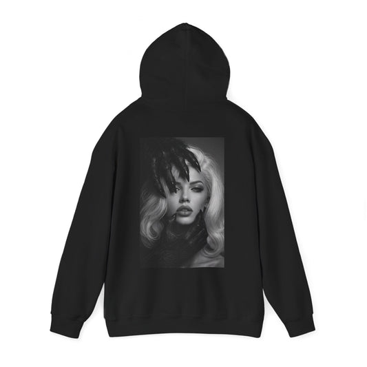 Black dark feminine back graphic hoodie shown flat lay, unisex gothic portrait statement hoodie featuring dark feminine portrait artwork on the back with clean minimalist front design