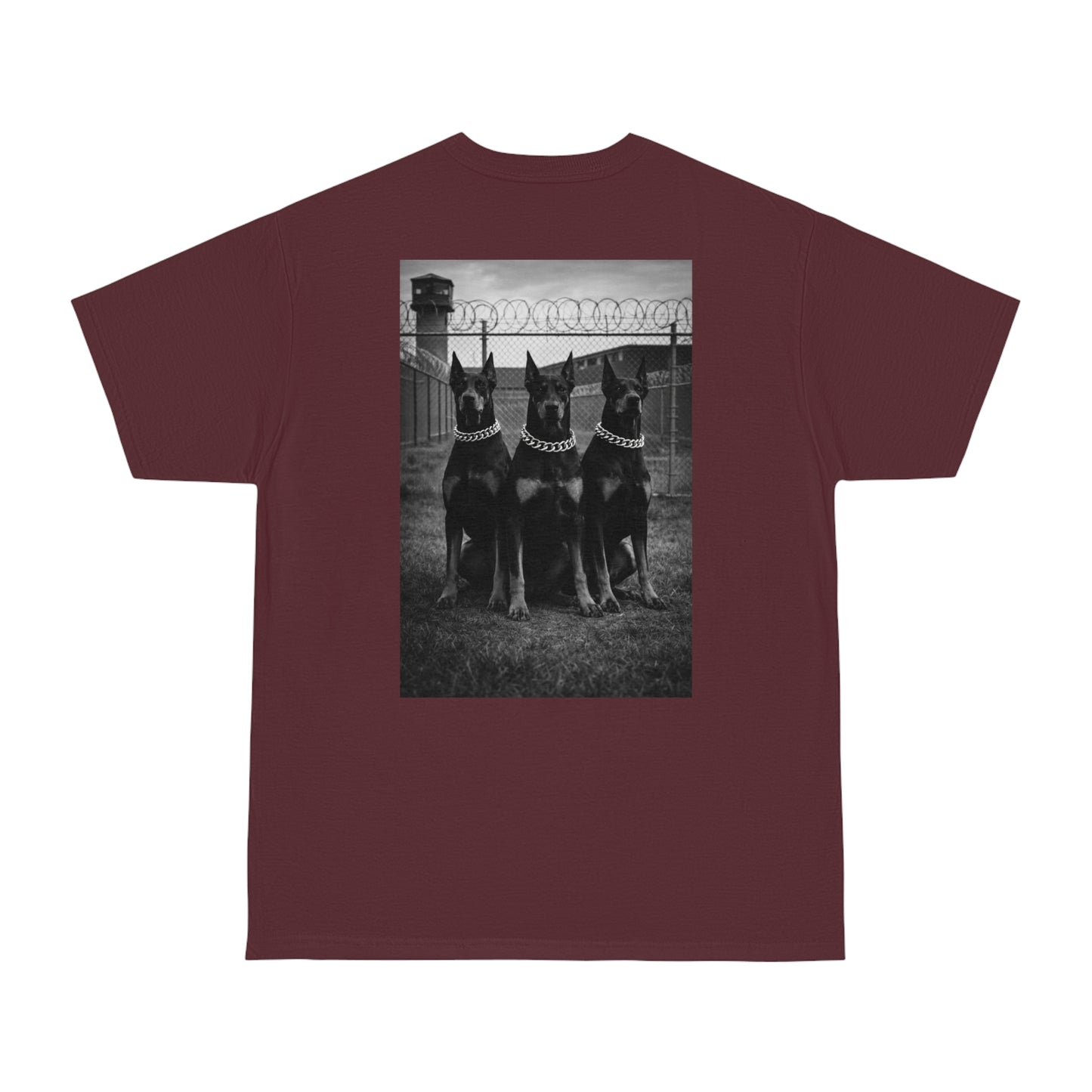 Burgundy unisex streetwear t-shirt with Doberman trio back print, dark aesthetic motivational graphic tee inspired by power, control, discipline, and self-mastery