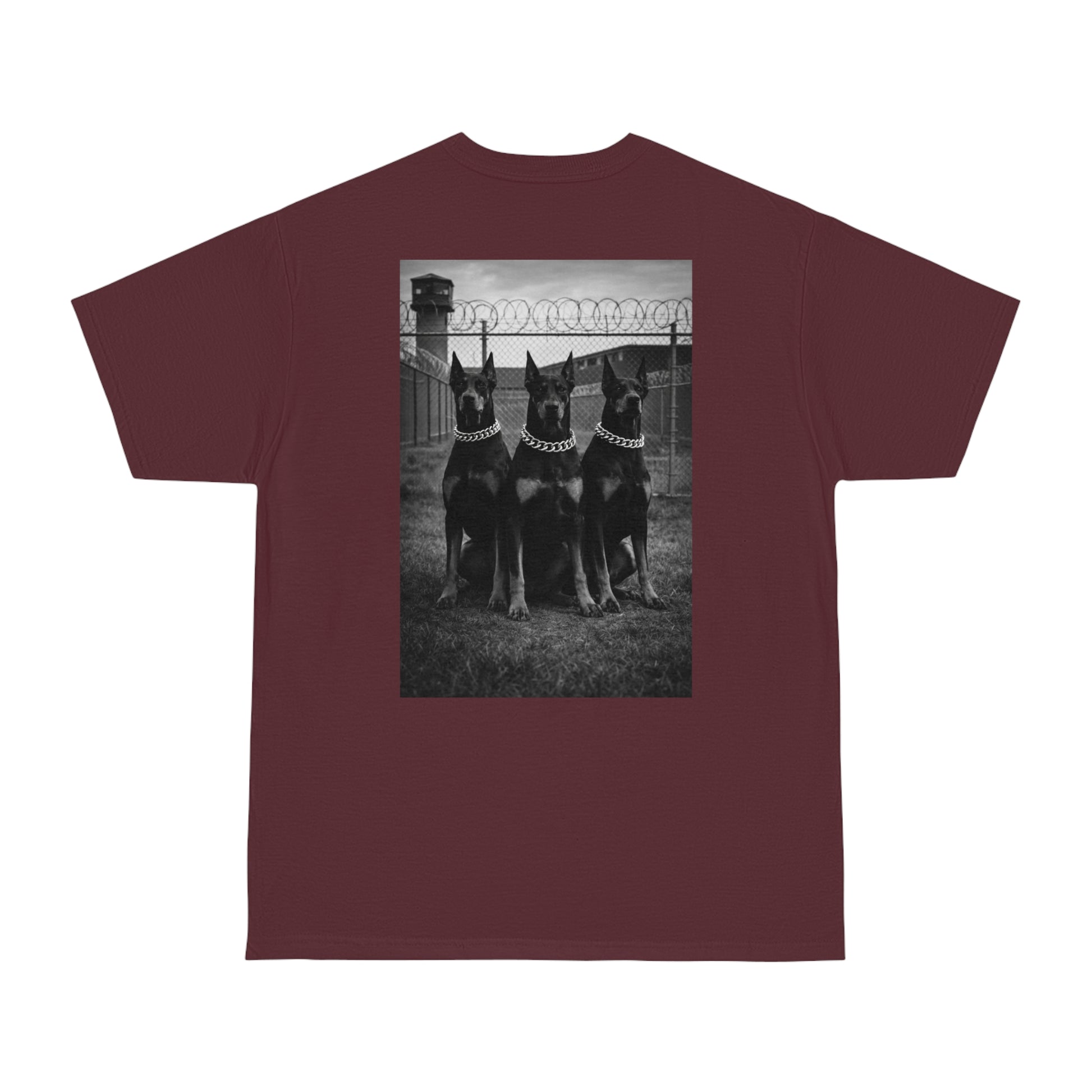 Burgundy unisex streetwear t-shirt with Doberman trio back print, dark aesthetic motivational graphic tee inspired by power, control, discipline, and self-mastery