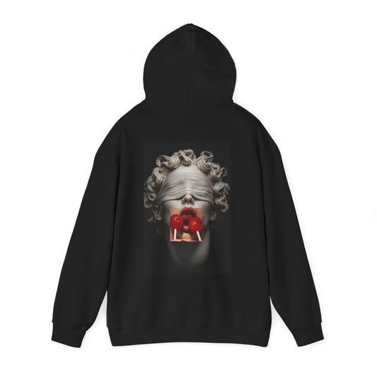 Blindfolded classical statue back graphic hoodie in black, dark luxury streetwear hoodie featuring marble bust with red lollipops and surreal modern art design
