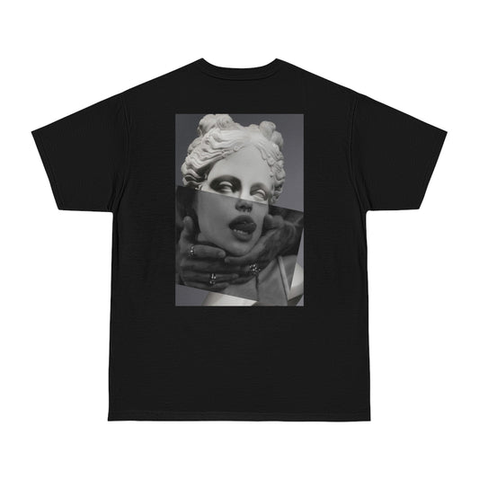 Surreal statue back graphic t-shirt flat lay in black, dark luxury statement tee featuring classical statue layered with modern photographic elements, unisex streetwear t-shirt with clean front and bold high-contrast back artwork