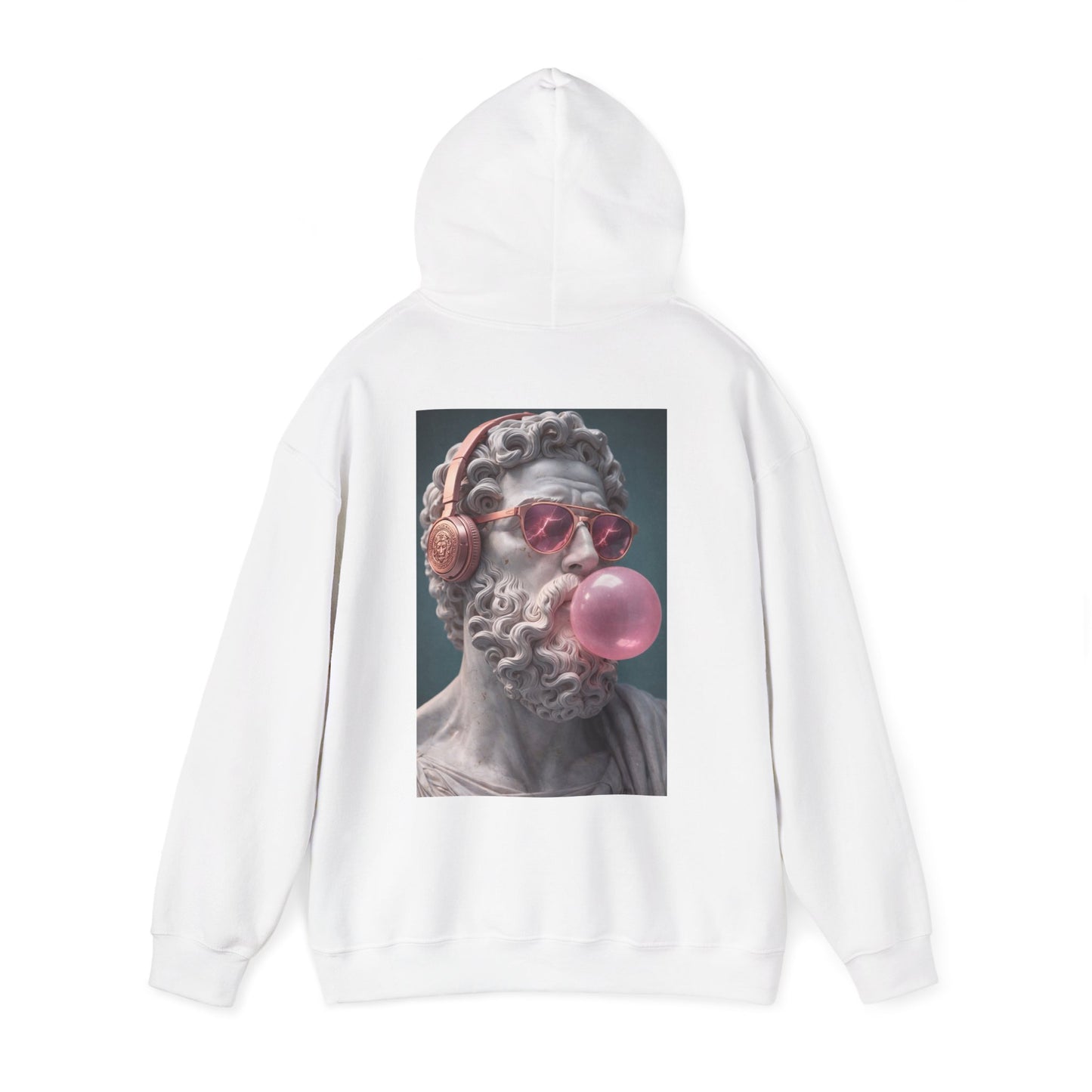 Classical Statue Headphones Bubblegum Back Graphic Hoodie – Dark Luxury Statement Hoodie