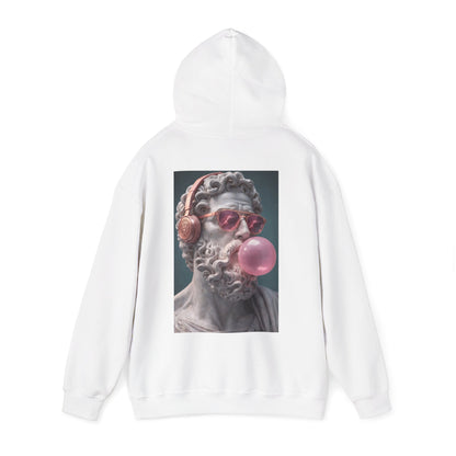 Classical Statue Headphones Bubblegum Back Graphic Hoodie – Dark Luxury Statement Hoodie