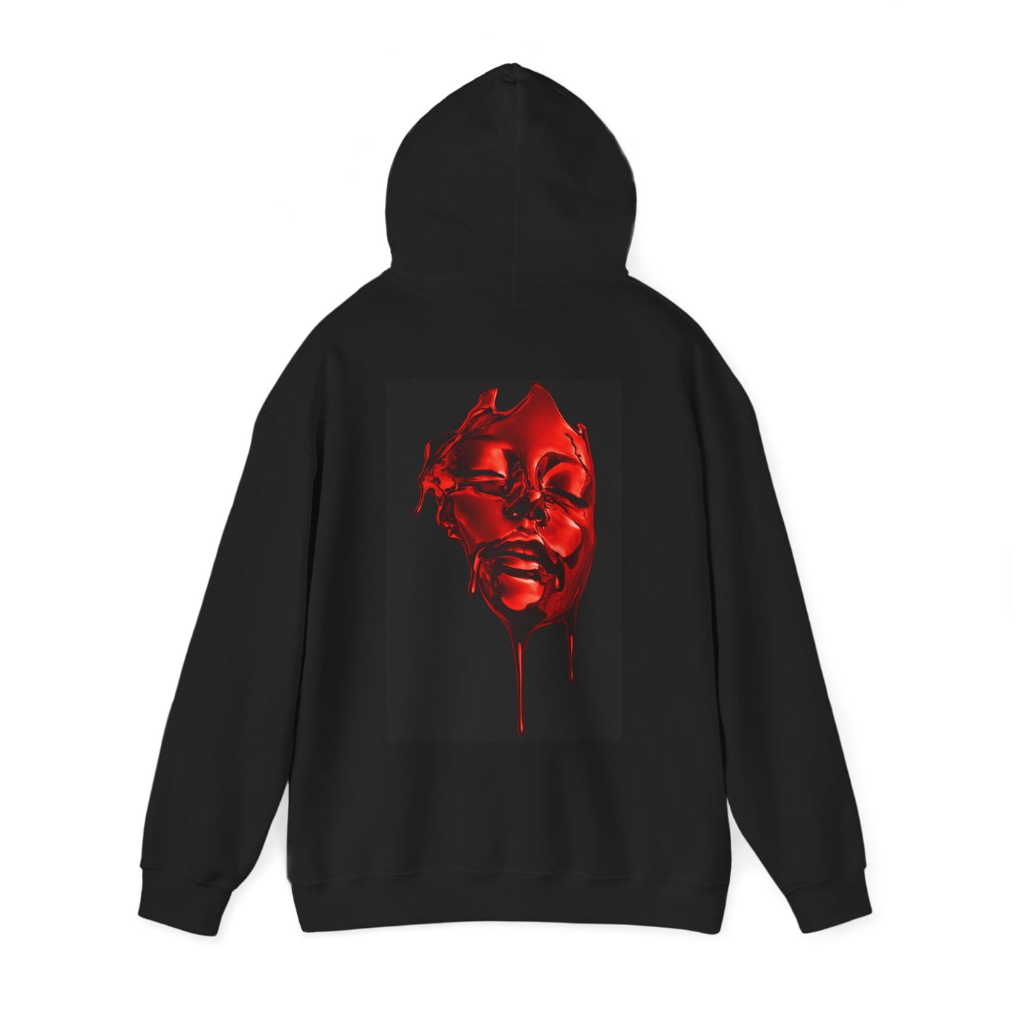 Black pullover hoodie flat lay back view with hood up, featuring centered red liquid face back graphic, dark luxury unisex statement hoodie with minimalist front