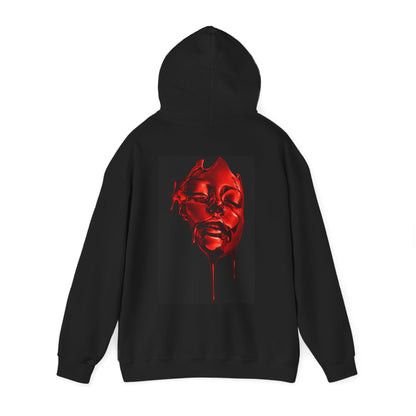 Black pullover hoodie flat lay back view with hood up, featuring centered red liquid face back graphic, dark luxury unisex statement hoodie with minimalist front