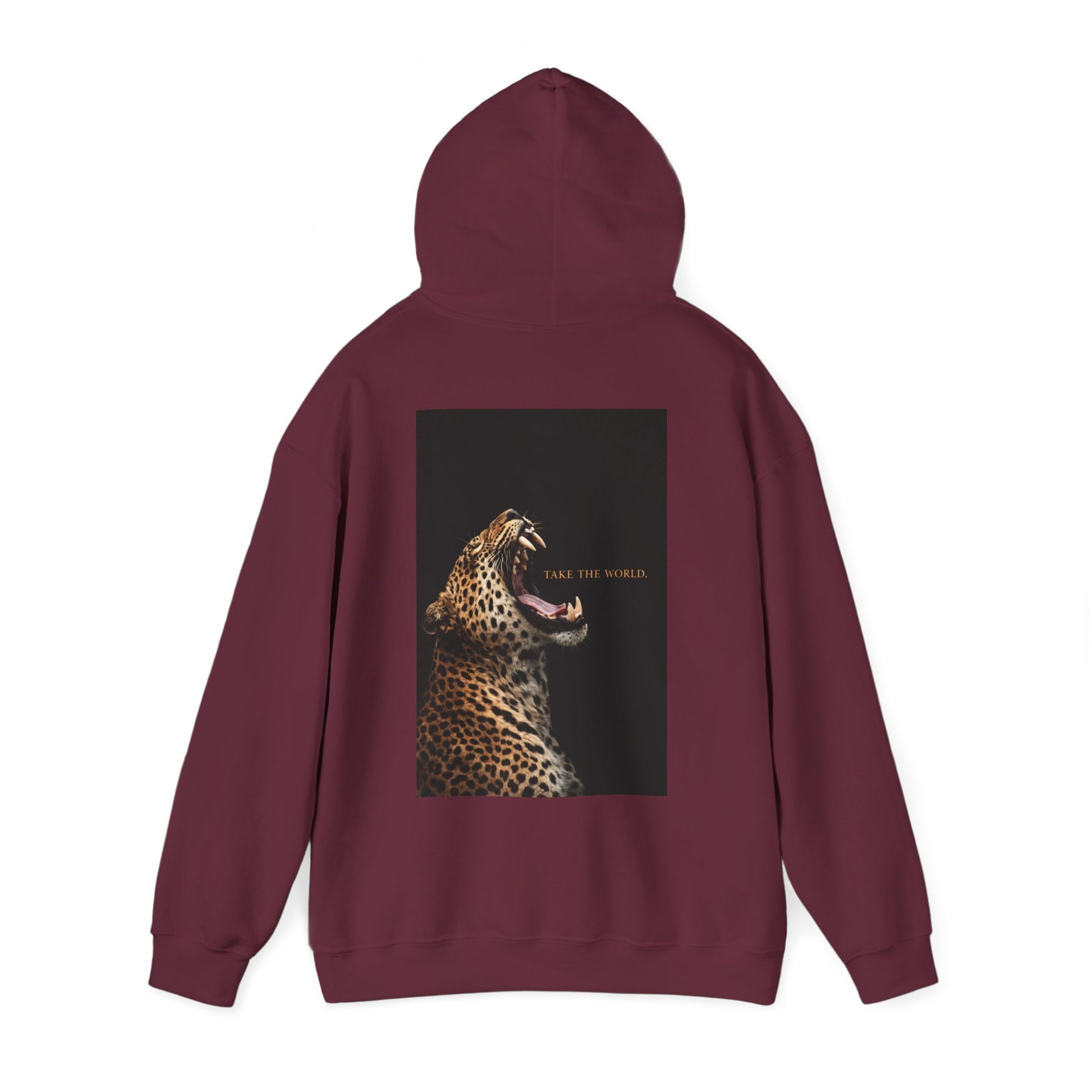 Burgundy Maroon hoodie back view with hood up displaying leopard predator artwork, motivational luxury streetwear expressing dominance, resilience, and drive