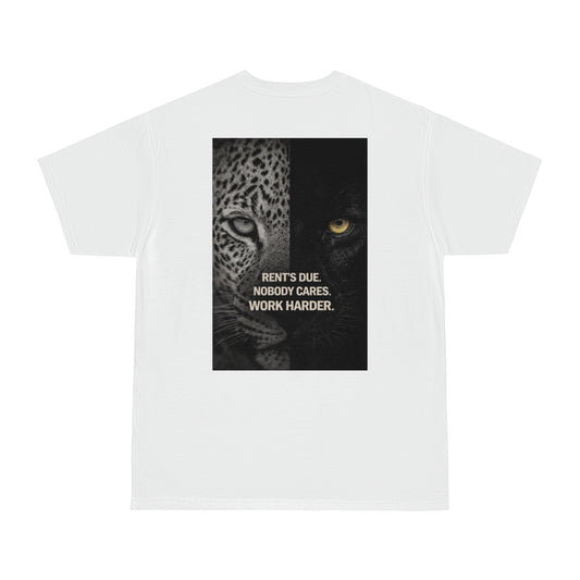 Rent’s Due leopard panther back graphic t-shirt in white, unisex dark luxury statement tee featuring split leopard and panther artwork with discipline quote and clean minimalist front