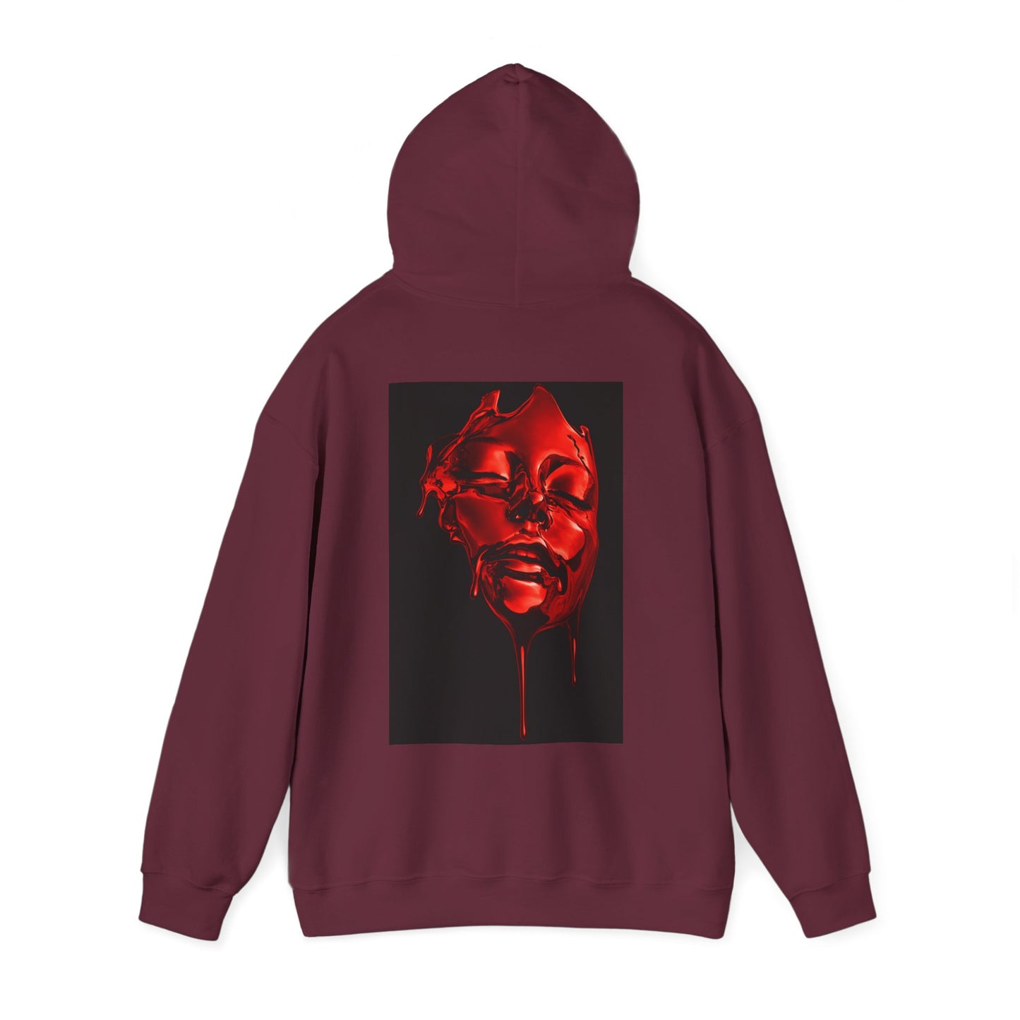Burgundy Maroon hoodie flat lay with hood up, back view, featuring a red melting face graphic on the back, bold statement streetwear hoodie