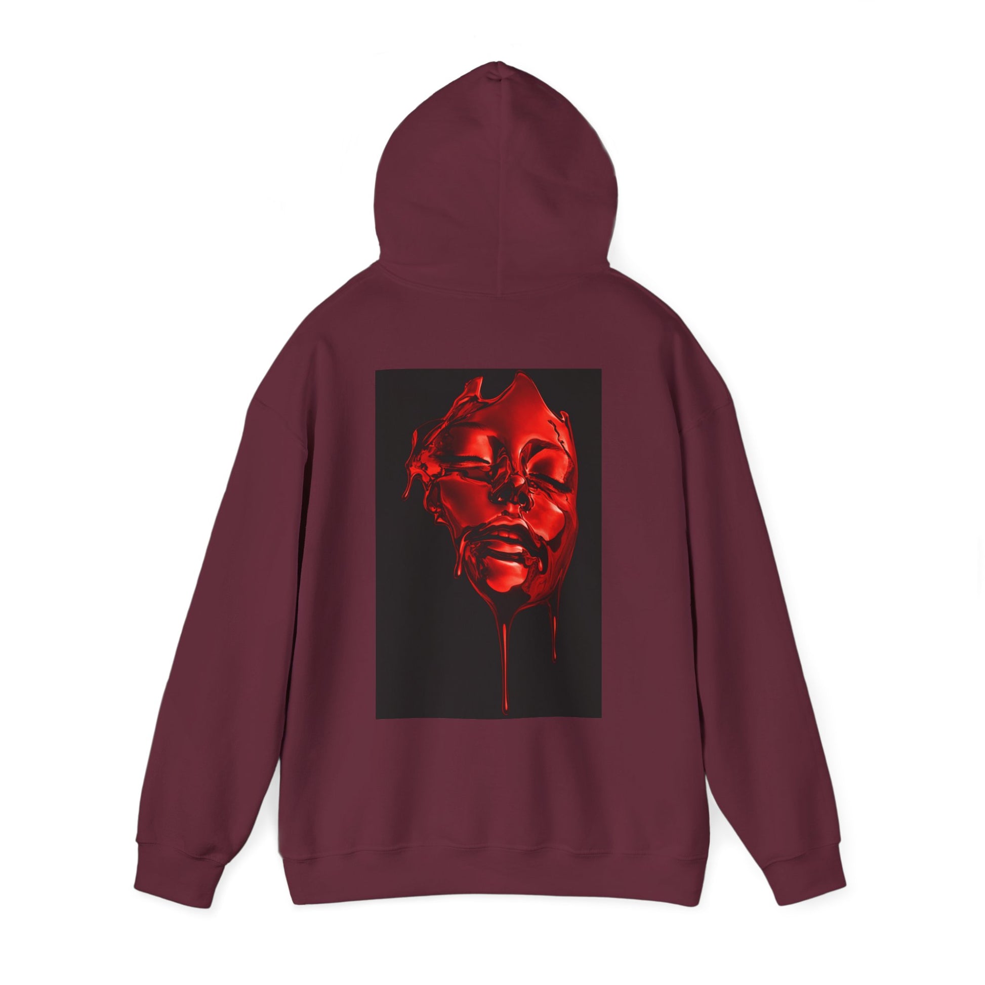 Burgundy Maroon hoodie flat lay with hood up, back view, featuring a red melting face graphic on the back, bold statement streetwear hoodie